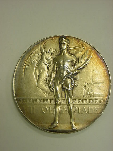 The obverse of an Olympic gold medal from the 1920 Olympic games