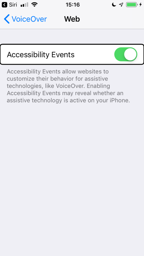 screenshot of my just-updated iPhone 5S, general/accessibility/VoiceOver/Web screen, with the accessibility events feature not yet toggled to the off position