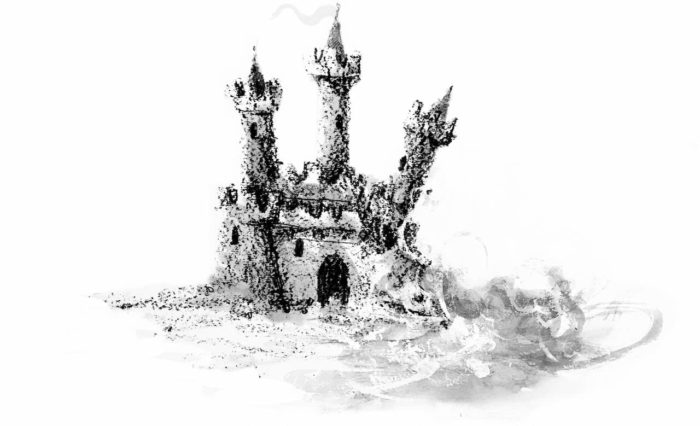 An illustration of a sand castle succumbing to the elements